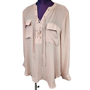 a.n.a Dusty Rose‎ Chiffon Lace Up Long Sleeve Blouse Size XL Women's